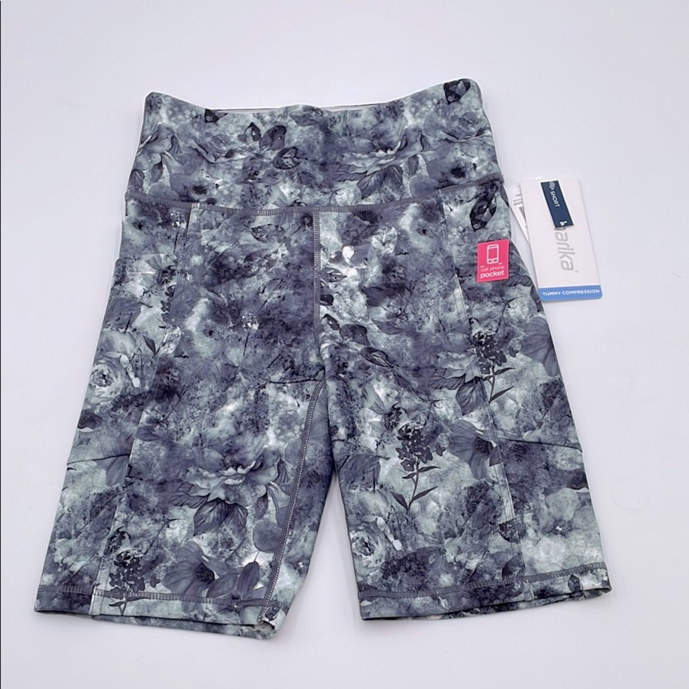 Marika Blue Grey Floral Watercolor Floral Gray Biker‎ Shorts Tummy Control